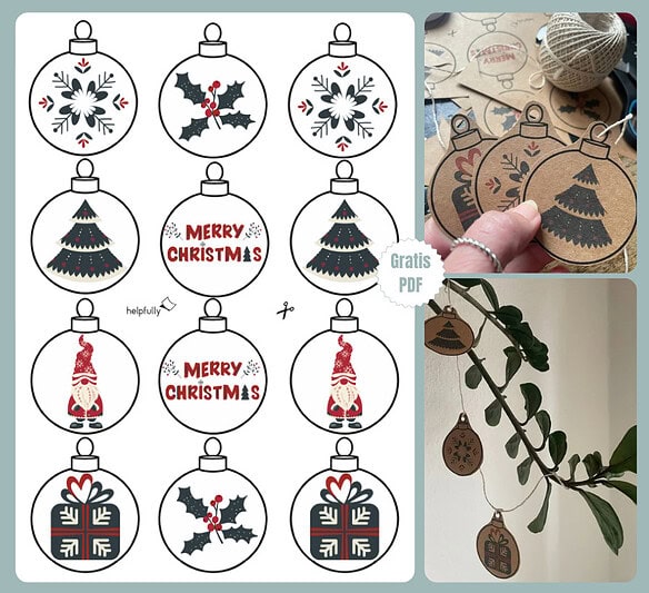 Bastelvorlage mit Weihnachtskugeln mit Nordic Winter Motiven zum Ausdrucken