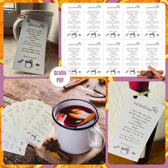 Kleine Karten als Etiketten oder Anhänger mit Glühweinrezept