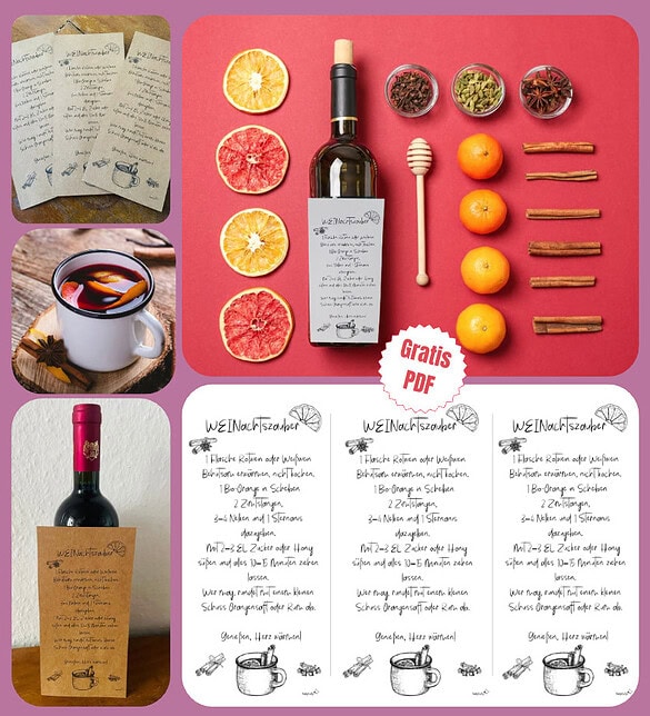 Einfaches, leckeres Glühweinrezept als Karte zum Ausdrucken, Verschenken