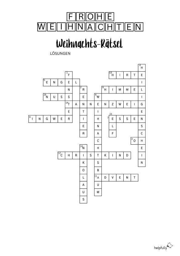 Lösungen zum Kreuzworträtsel mit Weihnachtswörtern 