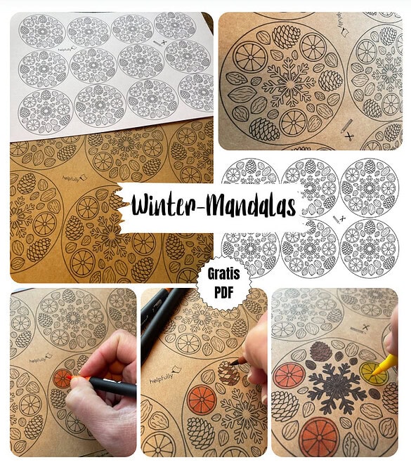 Mandalas für Erwachsene und Kinder zum Winter als Bastel- und Malvorlagen mit Früchten, Nüssen und Tannenzapfen