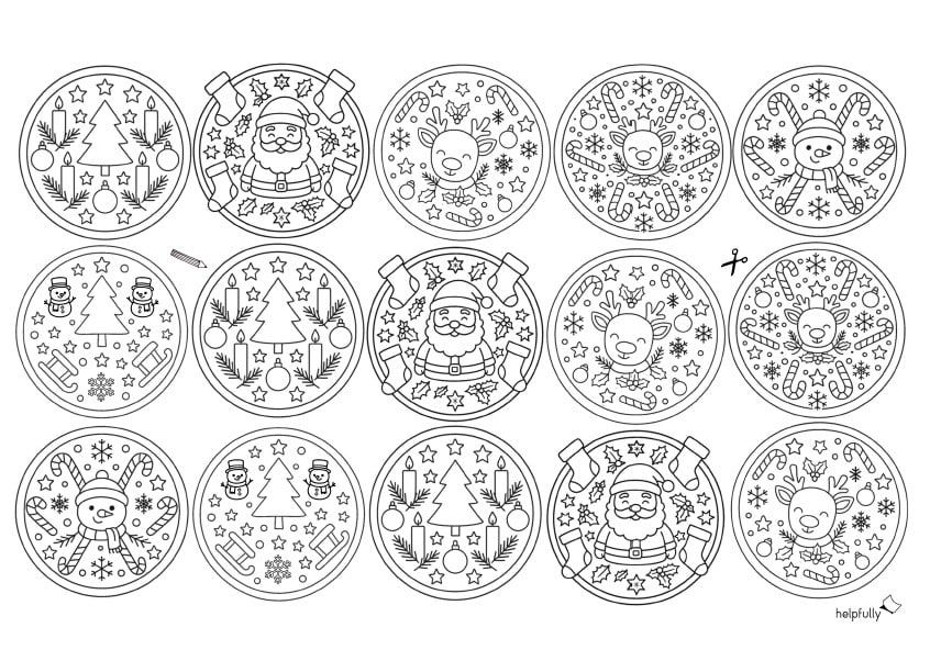 Kleine, runde Mandalas zum Ausdrucken, Ausschneiden, Ausmalen mit süßen Winter-Weihnachtsmotiven
