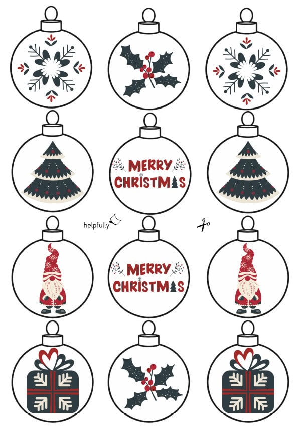 Papierdeko in Form von Weihnachtskugeln mit Nordic-Wintermotiven zum Ausdrucken