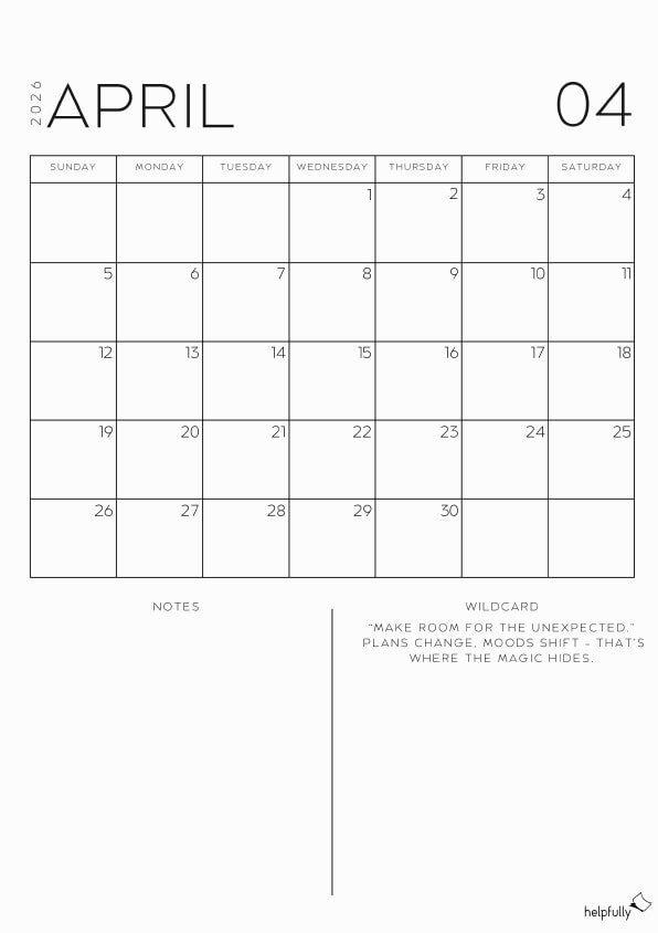 Free printable monthly planner for April 2026 by helpfully.