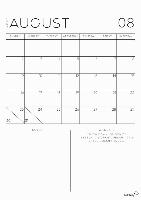 Free printable monthly planner for August 2026 by helpfully.