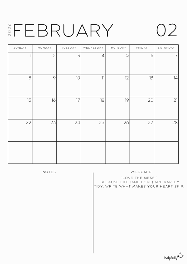 Free printable monthly planner for February 2026 by helpfully.