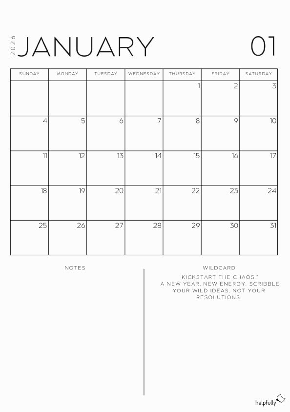 Free printable monthly planner for January 2026 by helpfully.