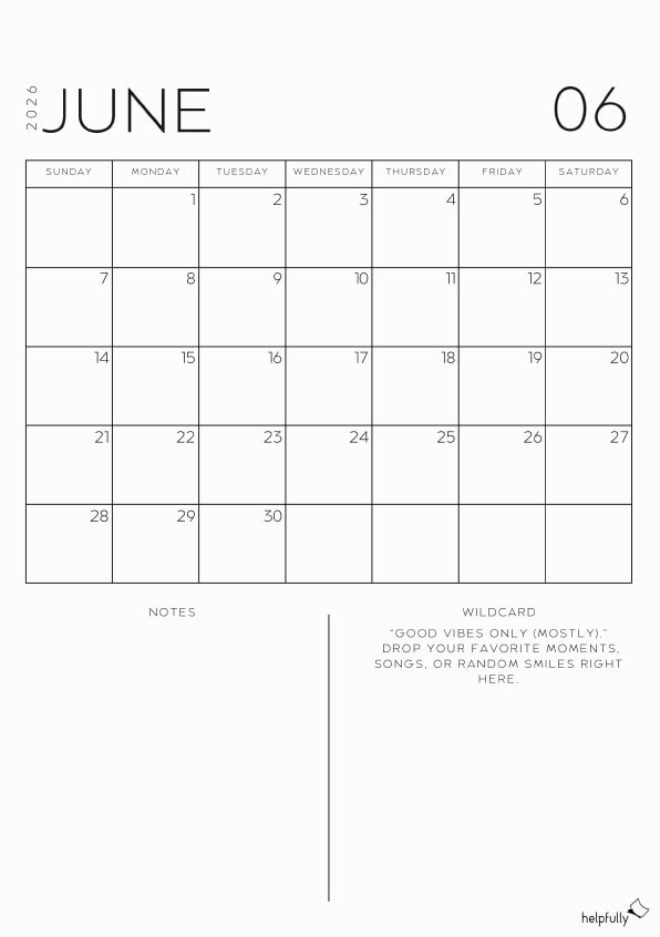 Free printable monthly planner for June 2026 by helpfully.