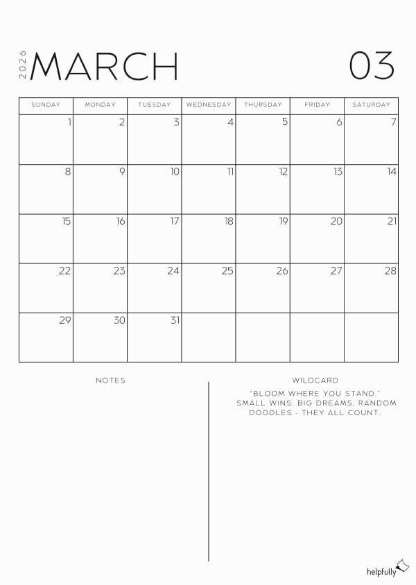 Free printable monthly planner for March 2026 by helpfully.