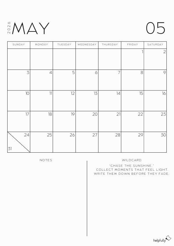 Free printable monthly planner for May 2026 by helpfully.