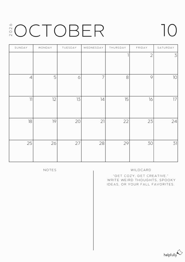 Free printable monthly planner for October 2026 by helpfully.