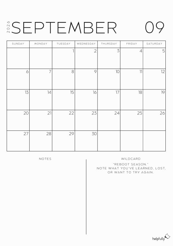 Free printable monthly planner for September 2026 by helpfully.