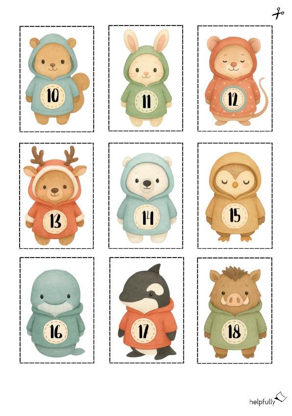 Zahlensticker 1 bis 24 mit süßen Wintertieren als Bastelvorlage