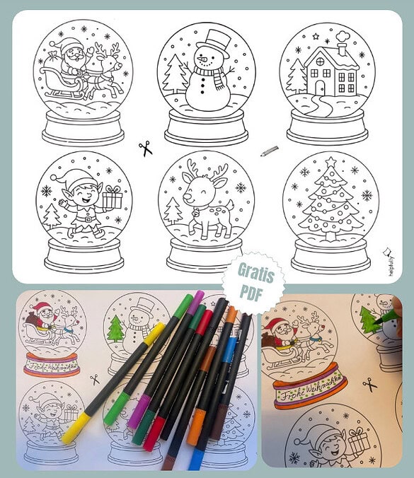 süße Mal- und Bastelvorlage mit Schneekugeln mit Wintermotiven zum Ausdrucken