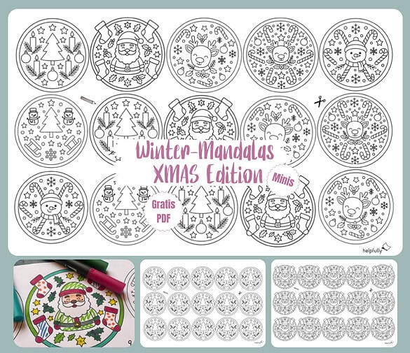 Kleine, runde Mandalas mit winterlichen Weihnachtsmotiven zum Ausdrucken und Ausmalen