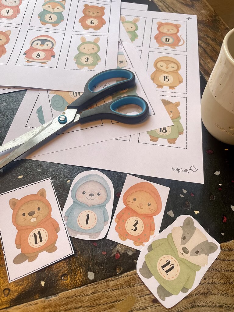 Gratis Tiersticker für die Winterzeit mit Zahlen 1 bis 24 zum Ausdrucken 