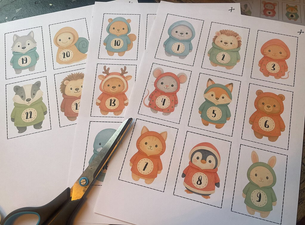 Gratis Bastelvorlagen mit Wintertieren als Zahlensticker für Adventskalender 1 bis 24