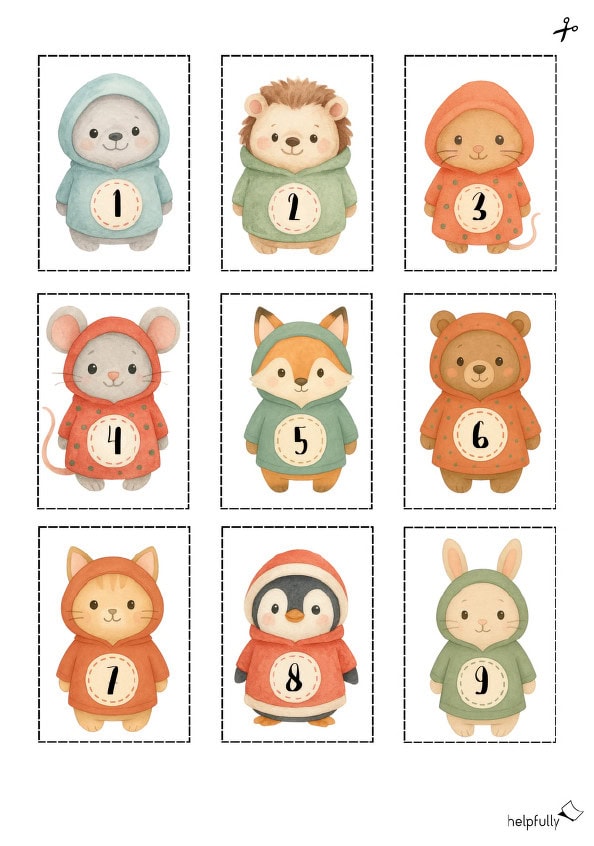 Zahlensticker mit süßen Wintertieren von 1 bis 24 zum Ausdrucken und Basteln