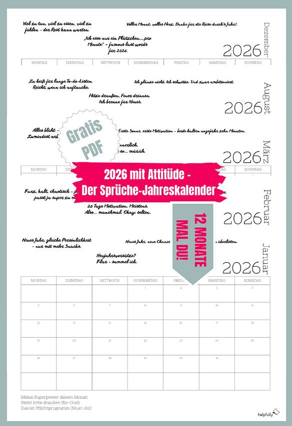 lustiger Kalender für 2026 mit Sprüchen für 12 Monate