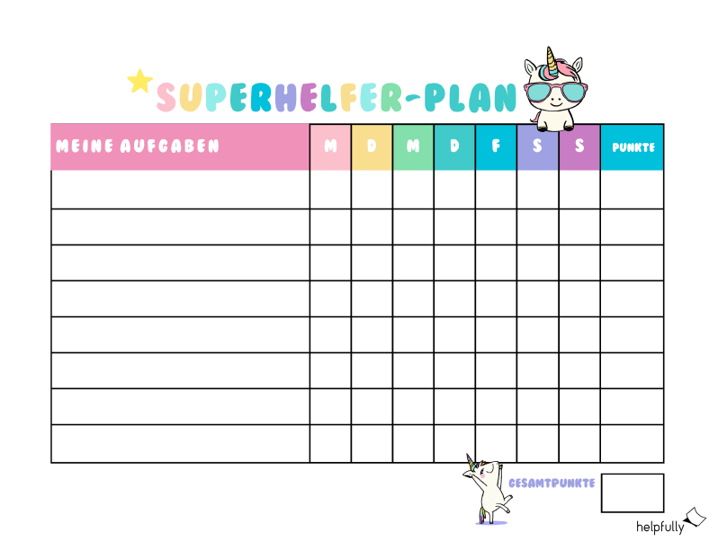 Großer A4-Plan mit Aufgaben für Kinder zum Ausdrucken mit Punktesystem