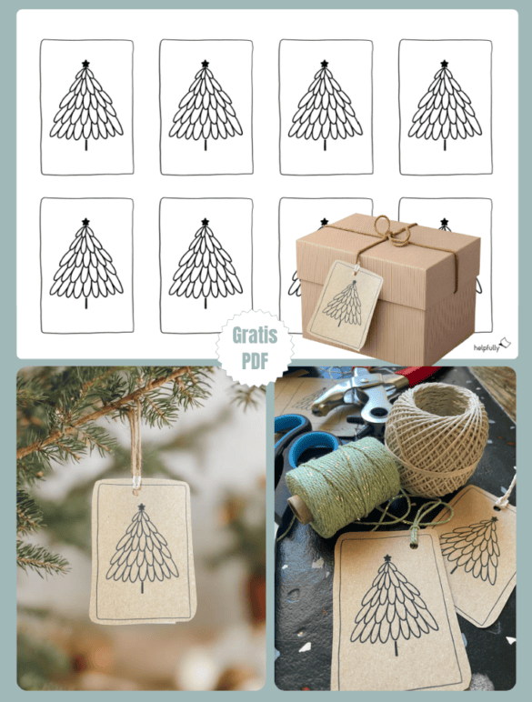 Bastelvorlage, um Geschenkanhänger oder Karten zu basteln, mit simplem Tannenbaum