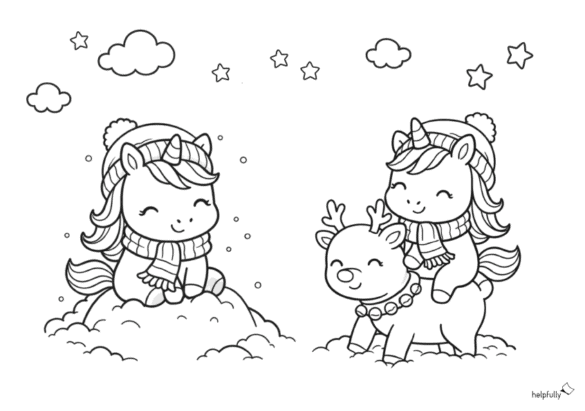 Ausmalbild mit einem Einhorn auf Rentier reitend und einem Einhorn auf einem Schneeberg sitzend