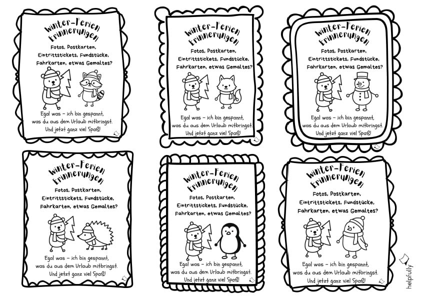 Vorlage mit Kärtchen zum Basteln von Erinnerungsüten der Winterferien