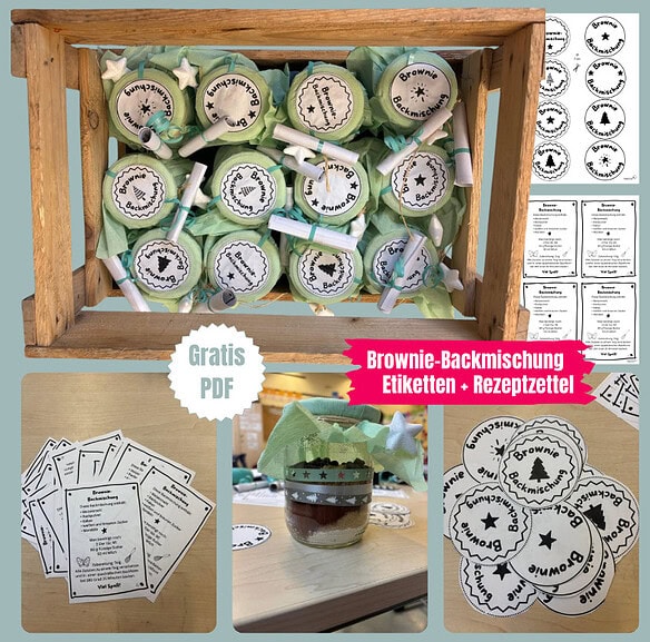 Brownie-Backmischung im Glas und die passende Vorlage mit Etiketten und Rezepzetteln zum Ausdrucken