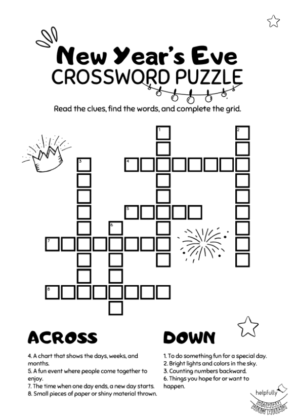 Crossword puzzle for New Year's Eve printable Home Sheet