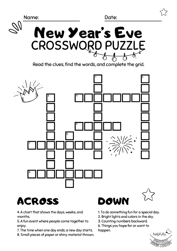 Crossword puzzle for New Year's Eve printable School Sheet