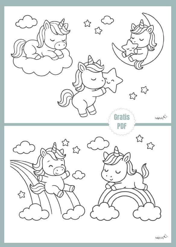 mega süße Einhörner auf Regenbogen, im Himmel, mit Sternen und Wolken zum Ausdrucken