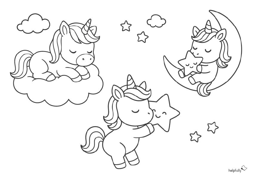 Einhörner zum Ausmalen in Wolken mit Sternen und Mondsichel