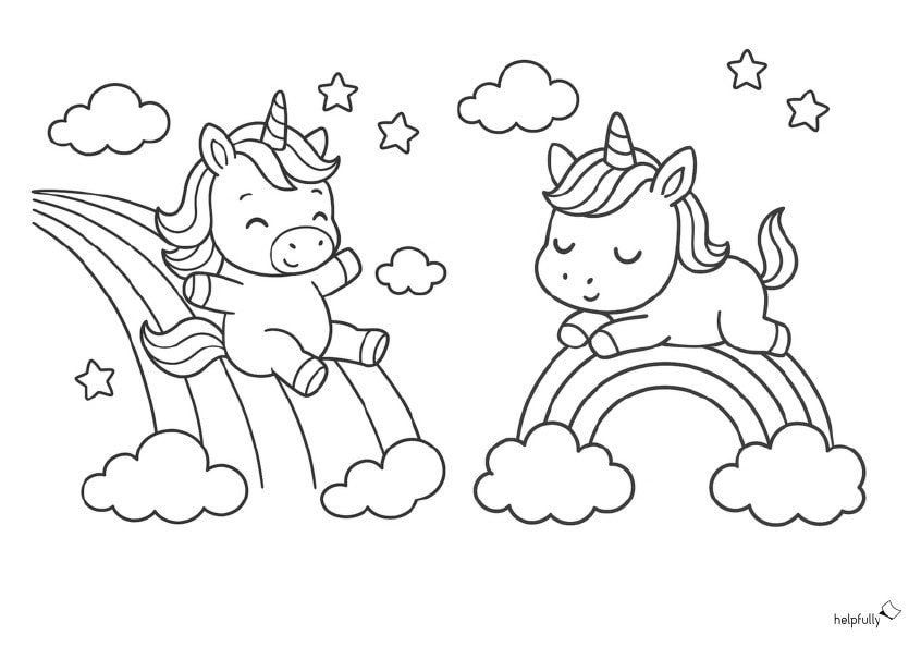 Ausmalbild mit zwei Einhörnern die auf Regenbögen rutschen und chillen