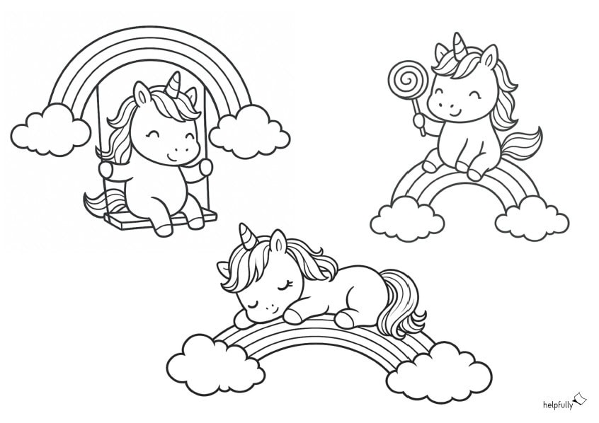 Süße Einhörner auf Regenbögen zum Ausmalen als Gratis-Malvorlage zum Ausdrucken