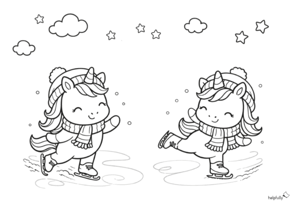 Ausmalbild mit süßen, Schlittschuh-laufenden Einhörnern