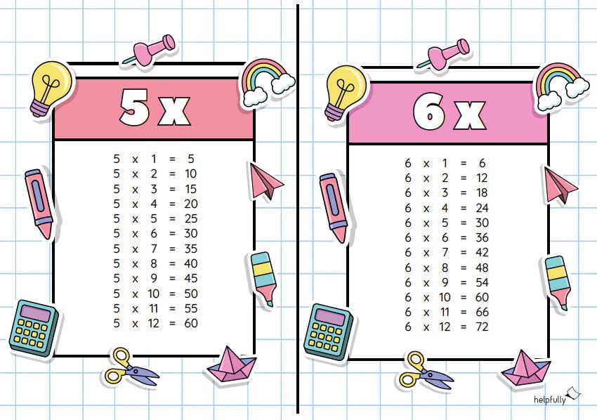 Einmaleins zum Ausdrucken mit Tabellentafeln im A5 Format, hier 5 und 6