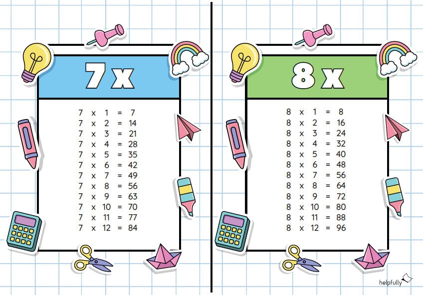 Einmaleins zum Ausdrucken mit Tabellentafeln im A5 Format, hier 7 und 8
