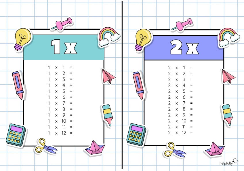 Einmaleins-Tabellen, hier 1 und 2, als A5 Karten zum Ausdrucken