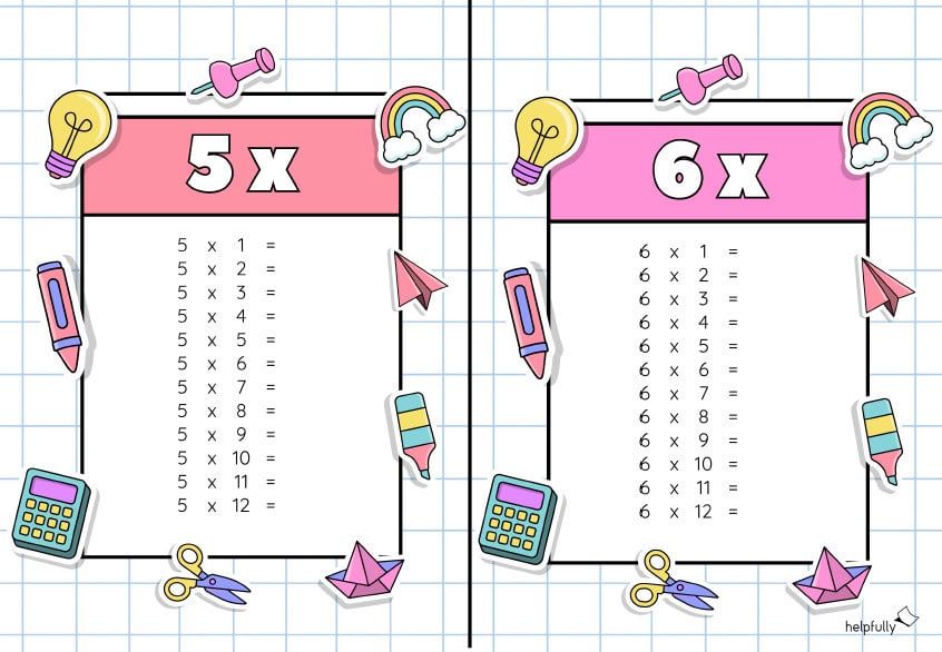 Einmaleins-Tabellen, hier 5 und 6, als A5 Karten zum Ausdrucken
