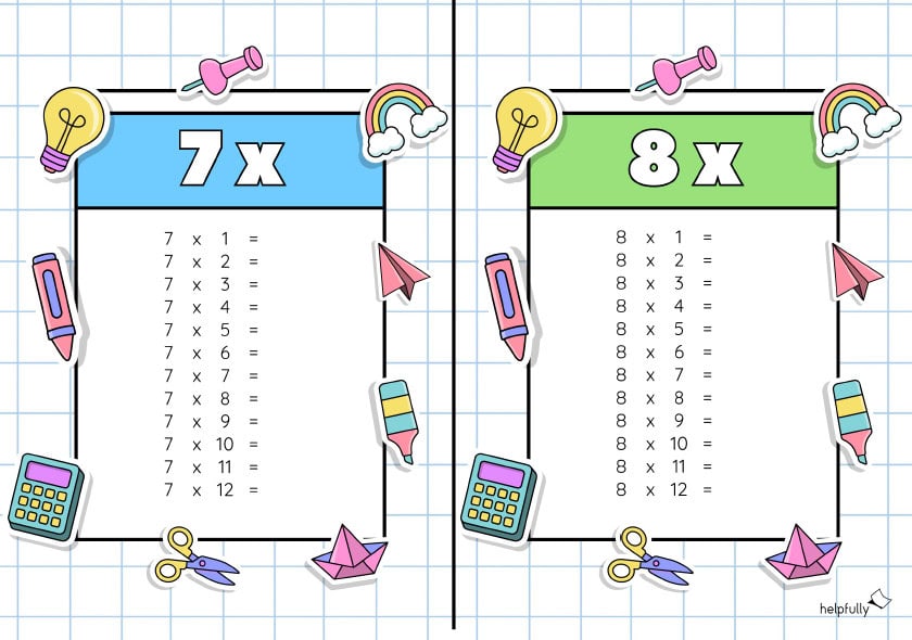Einmaleins-Tabellen, hier 7 und 8, als A5 Karten zum Ausdrucken