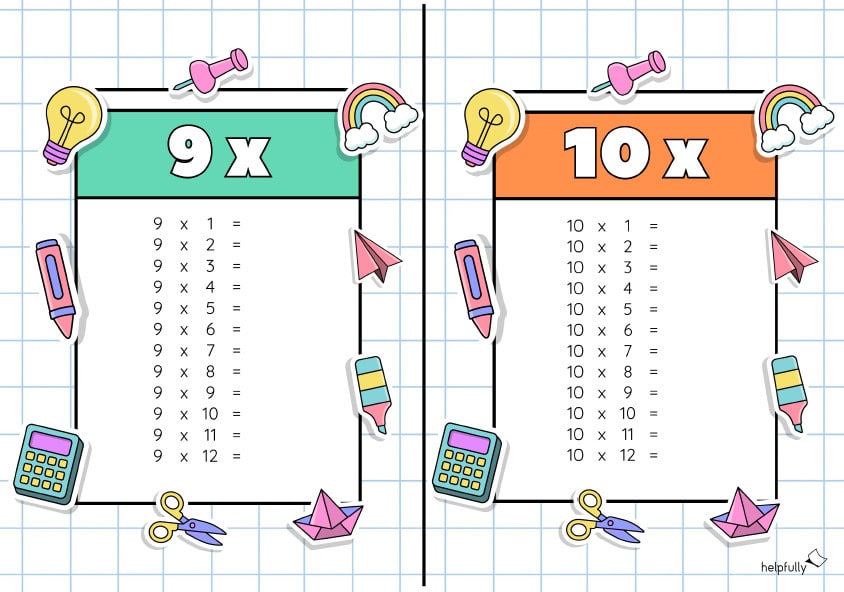 Einmaleins-Tabellen, hier 9 und 10, als A5 Karten zum Ausdrucken