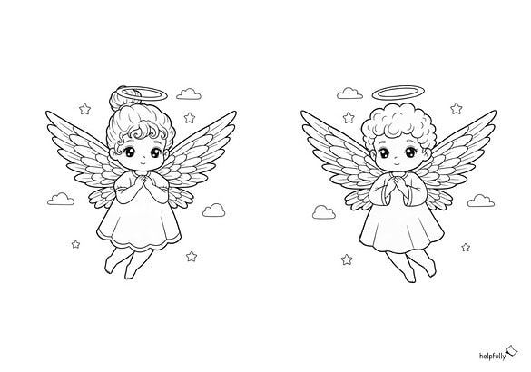 Ausmalbild zum Ausdrucken mit zwei nostalgischen Engeln
