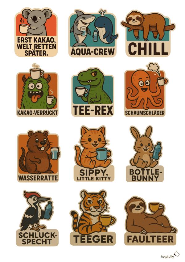 Sticker zum Ausdrucken und Basteln mit lustigen Tieren und Spruch für Getränke, Tassen und Co