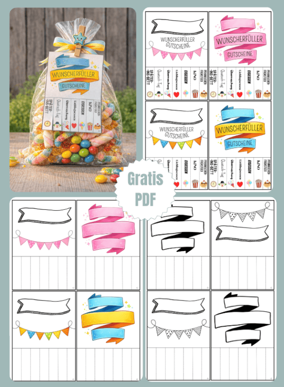Coole Wunscherfüller-Gutscheine für Kinder mit Abrißzetteln zum Ausdrucken, Basteln und Freude schenken