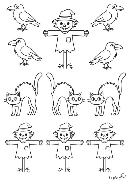 Halloween-Ausmalbilder für Kinder mit einfacher Katze, Rabe, Vogelscheuche