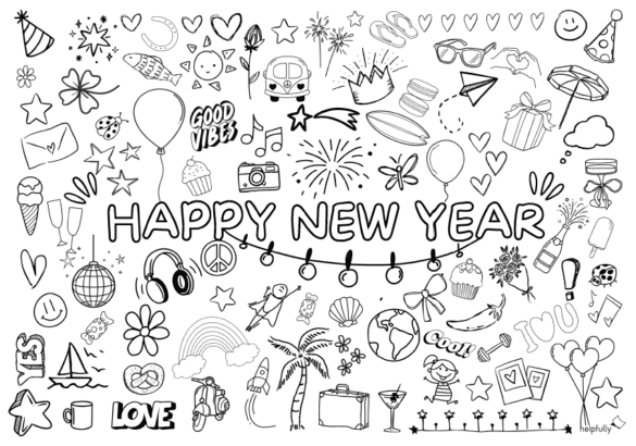 printable doodle coloring page for grown-ups for the new year start