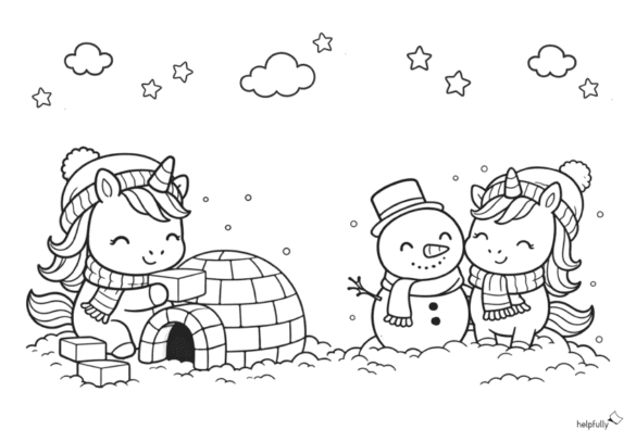 Malvorlage mit Einhörnern im Winter beim Iglubau und mit Schneemann