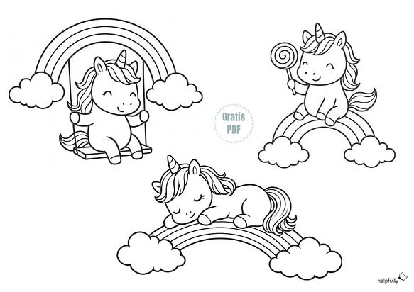 mega süßes Einhorntrio mit Regenbogendetails beim Schaukeln, Chillen und Lolli-essen