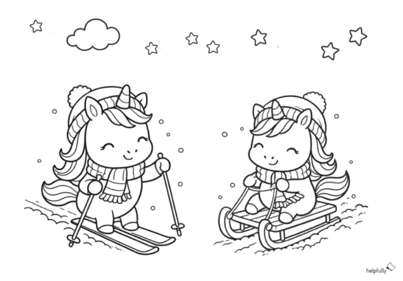 Mega süße Malvorlage mit Einhörnern beim Ski und Schlittenfahren
