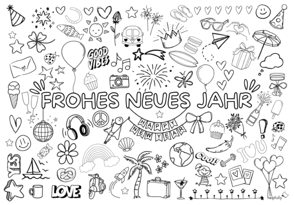 Ausmalbild zu Silvester mit Schriftzug und vielen Doodles fürs Neue Jahr